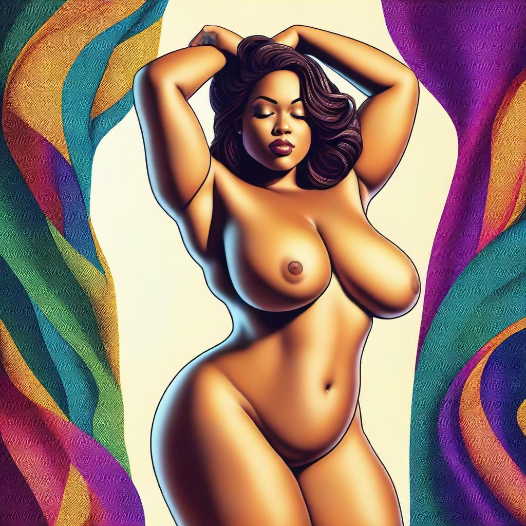 A digital art image portraying a voluptuous woman in a seductive pose