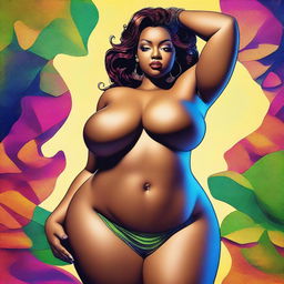 A digital art image portraying a voluptuous woman in a seductive pose