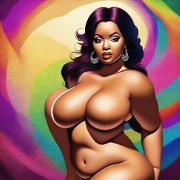 A digital art image portraying a voluptuous woman in a seductive pose