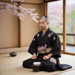 Incorporate multiple elements of Japanese culture: the man now taking part in a tea ceremony in a traditional tatami room, while wearing intricate Samurai armor, cherry blossoms falling outside the open Shoji door.