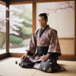 Incorporate multiple elements of Japanese culture: the man now taking part in a tea ceremony in a traditional tatami room, while wearing intricate Samurai armor, cherry blossoms falling outside the open Shoji door.