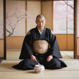 Incorporate multiple elements of Japanese culture: the man now taking part in a tea ceremony in a traditional tatami room, while wearing intricate Samurai armor, cherry blossoms falling outside the open Shoji door.