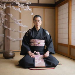 Incorporate multiple elements of Japanese culture: the man now taking part in a tea ceremony in a traditional tatami room, while wearing intricate Samurai armor, cherry blossoms falling outside the open Shoji door.