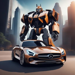 A high-quality digital art piece imagining a Mercedes-Benz as an Autobot from the Transformers franchise