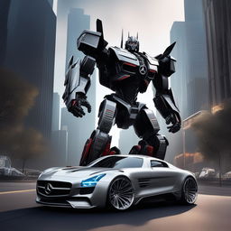 A high-quality digital art piece imagining a Mercedes-Benz as an Autobot from the Transformers franchise