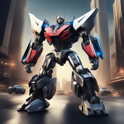 A high-quality digital art piece imagining a Mercedes-Benz as an Autobot from the Transformers franchise