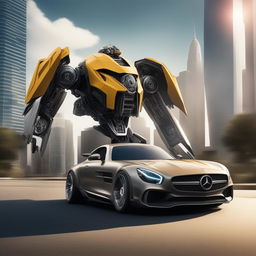 A high-quality digital art piece imagining a Mercedes-Benz as an Autobot from the Transformers franchise