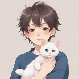 Anime style illustration of a boy gently holding a fluffy cat.