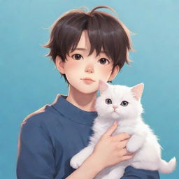 Anime style illustration of a boy gently holding a fluffy cat.