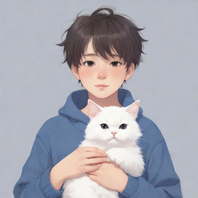 Anime style illustration of a boy gently holding a fluffy cat.