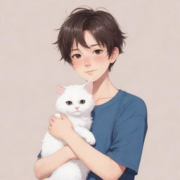 Anime style illustration of a boy gently holding a fluffy cat.