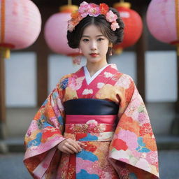 A girl wearing an intricately designed Japanese traditional outfit, showcasing an array of vivid colours and elaborate patterns.