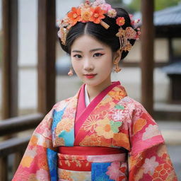 A girl wearing an intricately designed Japanese traditional outfit, showcasing an array of vivid colours and elaborate patterns.