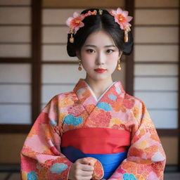 A girl wearing an intricately designed Japanese traditional outfit, showcasing an array of vivid colours and elaborate patterns.