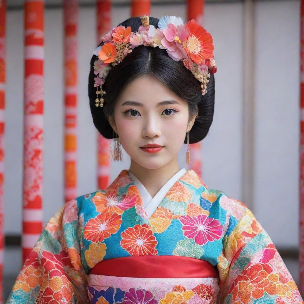 A girl wearing an intricately designed Japanese traditional outfit, showcasing an array of vivid colours and elaborate patterns.