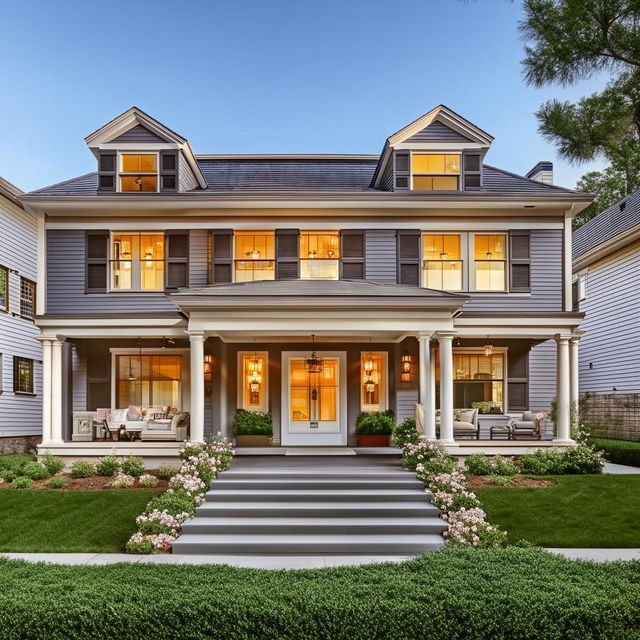 Modern classic home exterior with a tasteful color scheme showcasing curb appeal and architectural details.