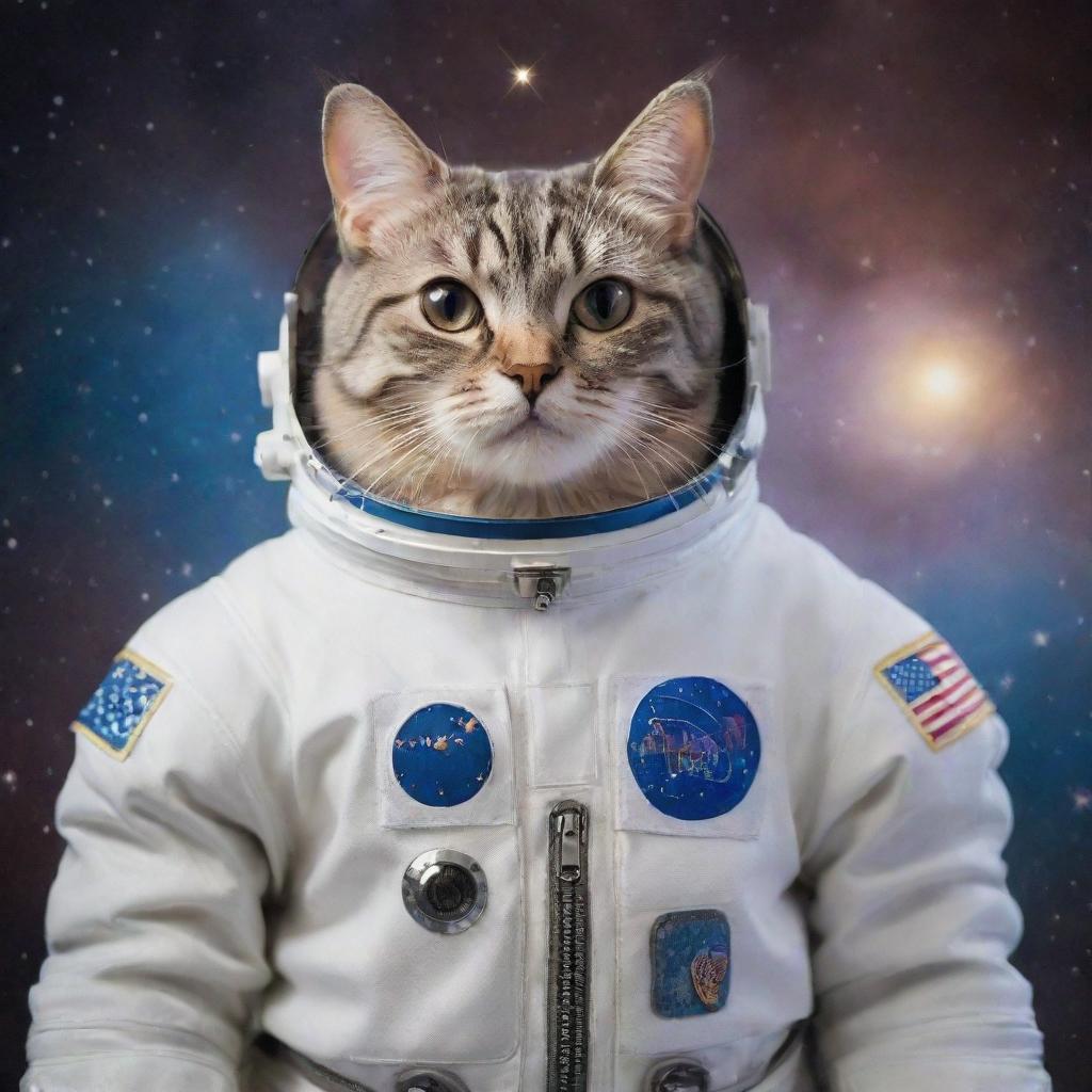 A delightful cat dressed in a detailed astronaut suit, poised against the backdrop of a distant, shimmering galaxy