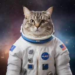 A delightful cat dressed in a detailed astronaut suit, poised against the backdrop of a distant, shimmering galaxy