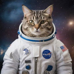 A delightful cat dressed in a detailed astronaut suit, poised against the backdrop of a distant, shimmering galaxy