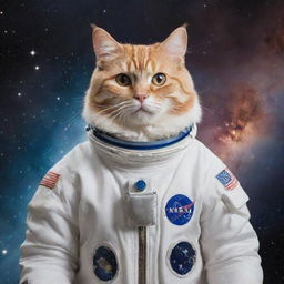 A delightful cat dressed in a detailed astronaut suit, poised against the backdrop of a distant, shimmering galaxy