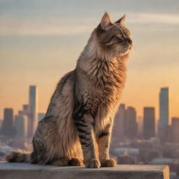 An enormous, majestic cat standing tall over a city skyline at sunset, with its coat glistening under the rays of the setting sun.