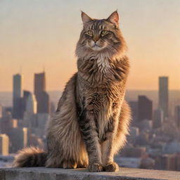 An enormous, majestic cat standing tall over a city skyline at sunset, with its coat glistening under the rays of the setting sun.