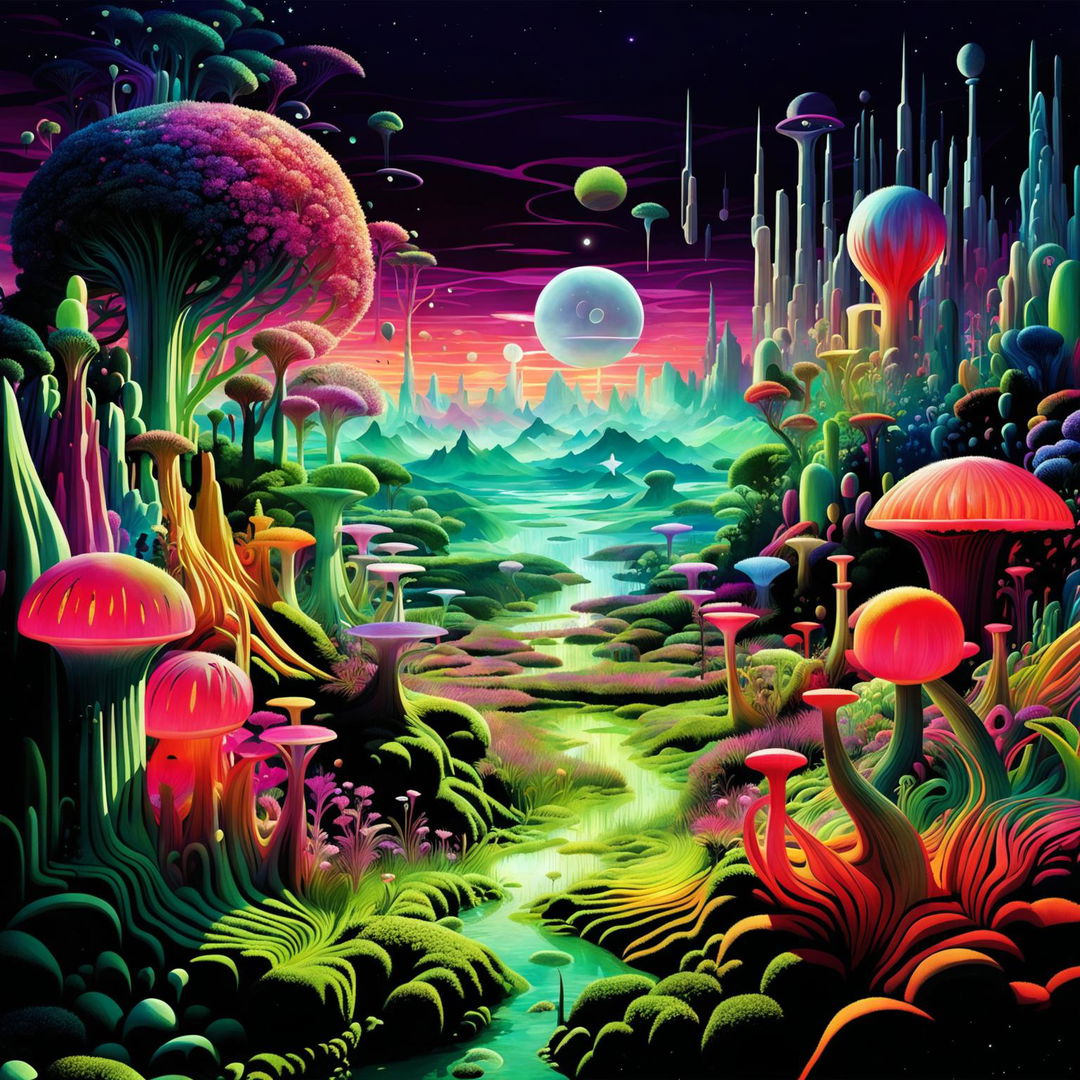 A high-definition digital art image of a fantastical wonderland from another dimension