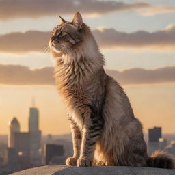 An enormous, majestic cat standing tall over a city skyline at sunset, with its coat glistening under the rays of the setting sun.