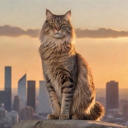 An enormous, majestic cat standing tall over a city skyline at sunset, with its coat glistening under the rays of the setting sun.