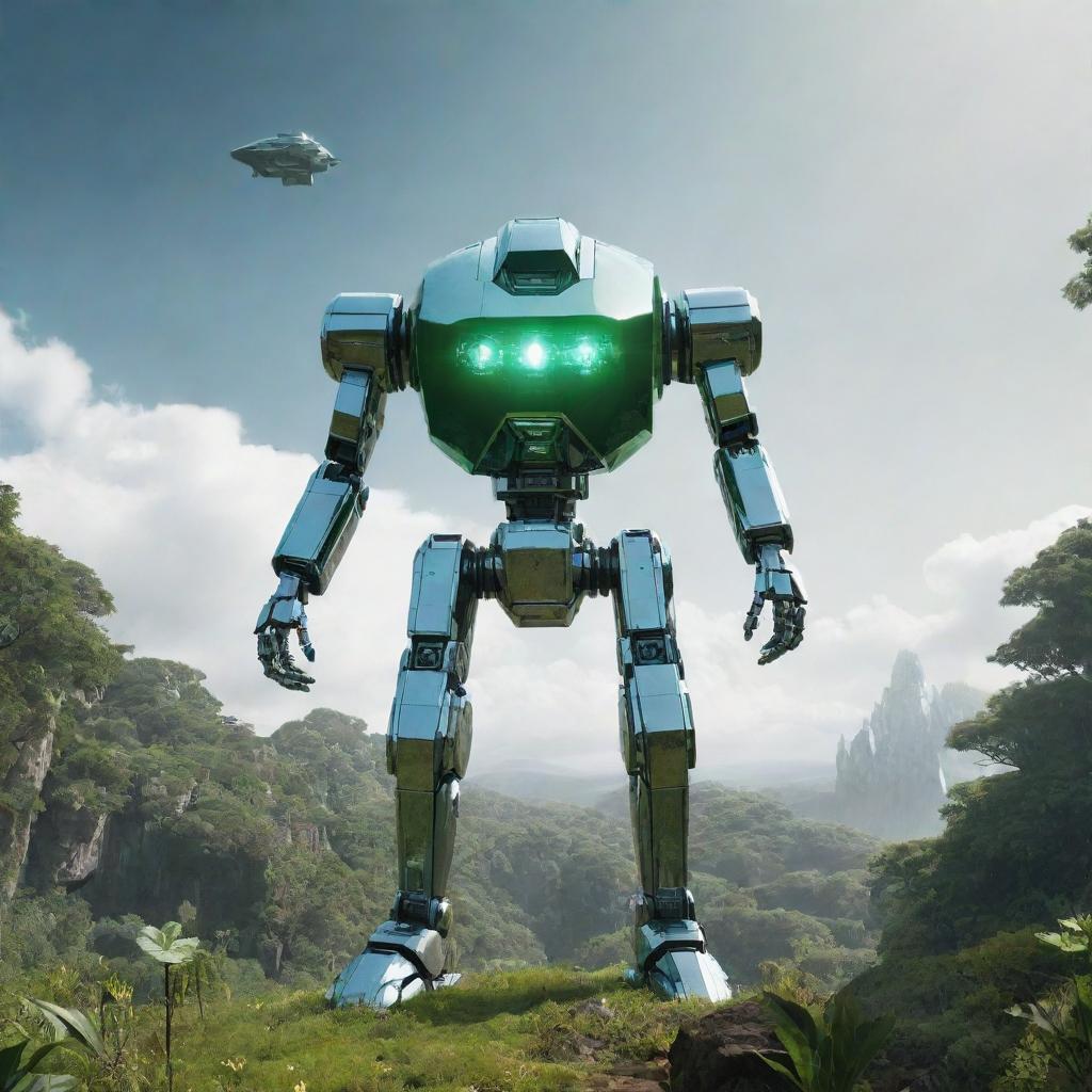 A crystal robot standing in a verdant natural landscape, with a futuristic spaceship hovering in the sky above