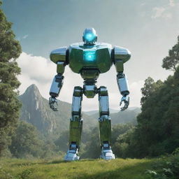 A crystal robot standing in a verdant natural landscape, with a futuristic spaceship hovering in the sky above