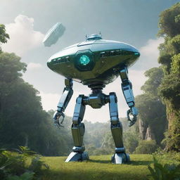 A crystal robot standing in a verdant natural landscape, with a futuristic spaceship hovering in the sky above