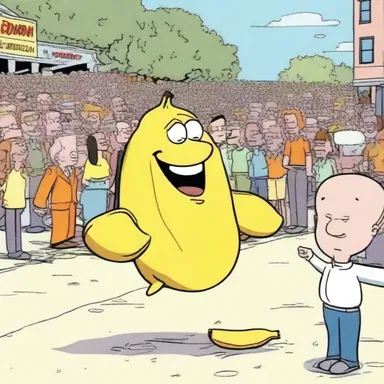 In the cartoon, the main character experienced chagrin when he slipped on a banana peel in front of a crowd.
