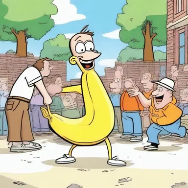 In the cartoon, the main character experienced chagrin when he slipped on a banana peel in front of a crowd.