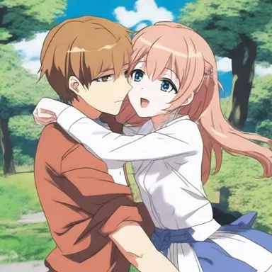 The protagonist blushed in chagrin as she tripped and fell into the arms of her crush in the anime series.