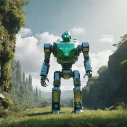 A crystal robot standing in a verdant natural landscape, with a futuristic spaceship hovering in the sky above