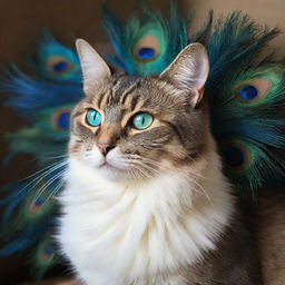 A cat adorned with vibrant peacock feathers, their luminescent hues shimmering in the light.