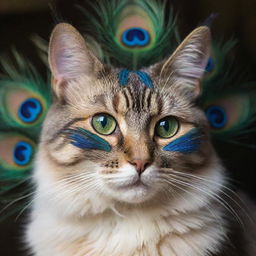 A cat adorned with vibrant peacock feathers, their luminescent hues shimmering in the light.