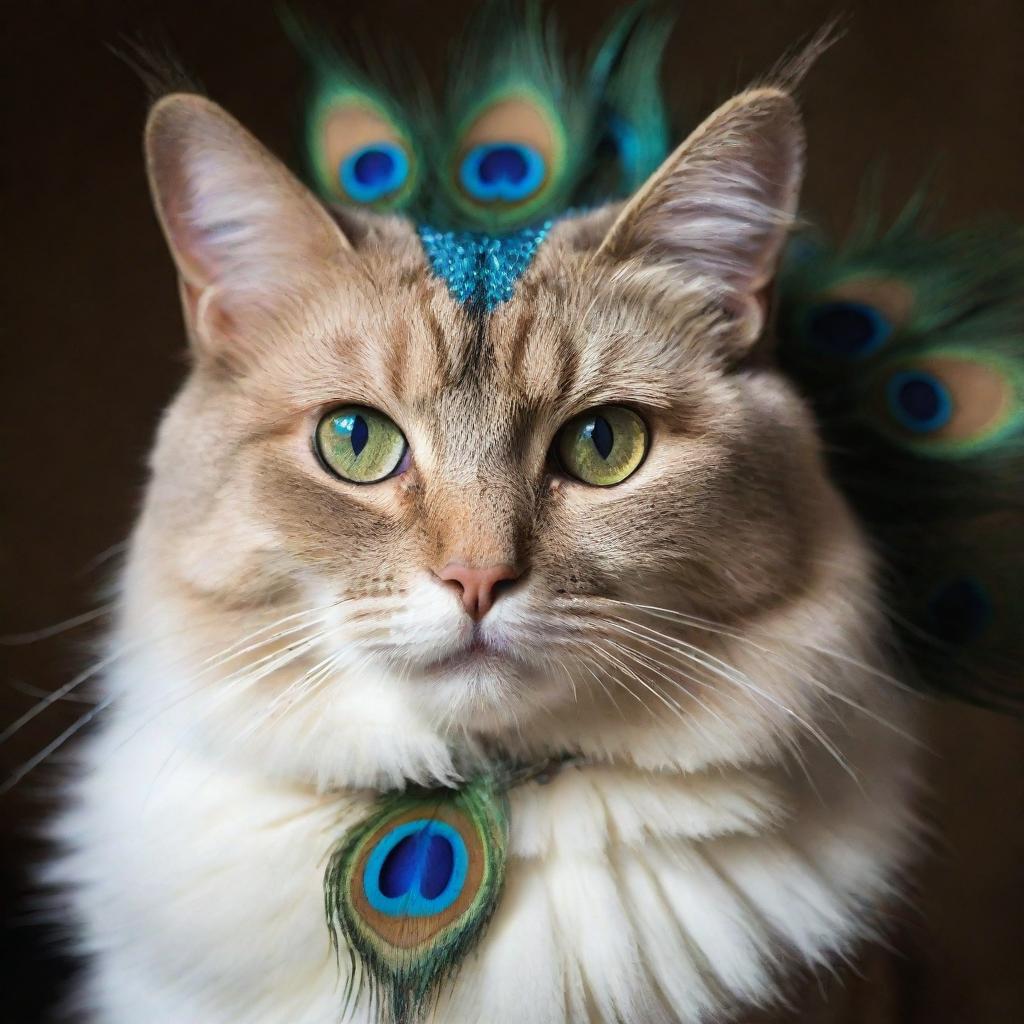 A cat adorned with vibrant peacock feathers, their luminescent hues shimmering in the light.