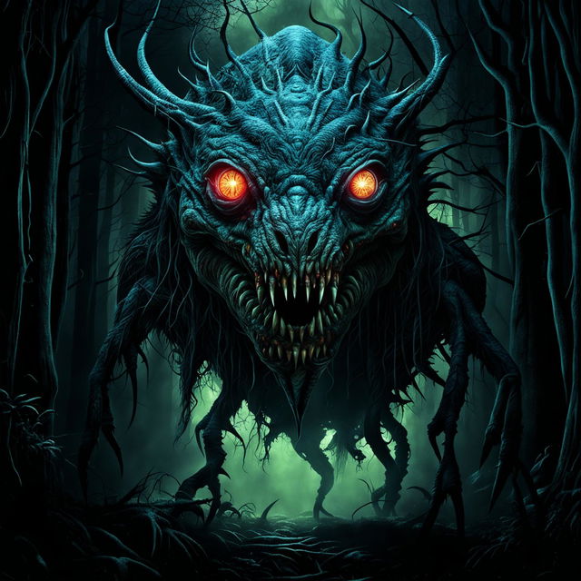 A high-quality digital artwork of the creepiest creature, with glowing eyes and a grotesque body, set against a dark, misty forest background