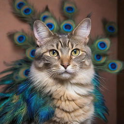 A cat adorned with vibrant peacock feathers, their luminescent hues shimmering in the light.