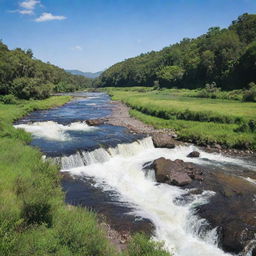 A serene river gushing through a scenic landscape, flanked by lush greenery and under a clear blue sky.