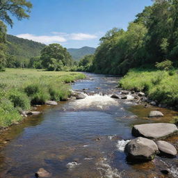 A serene river gushing through a scenic landscape, flanked by lush greenery and under a clear blue sky.