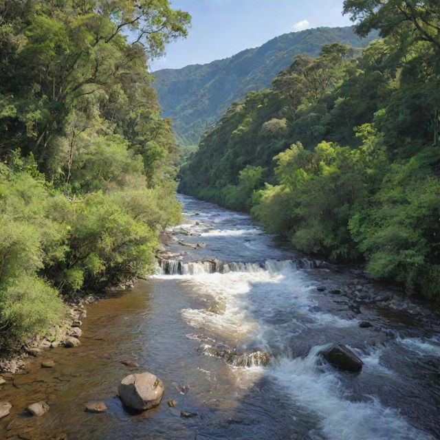 A serene river gushing through a scenic landscape, flanked by lush greenery and under a clear blue sky.