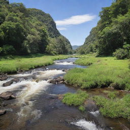 A serene river gushing through a scenic landscape, flanked by lush greenery and under a clear blue sky.