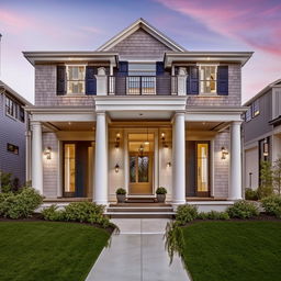 Modern classic home exterior with a tasteful color scheme showcasing curb appeal and architectural details.