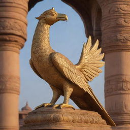 A grandly detailed figure of the mythical Jatayu bird perched near the impressive Ram Mandir, bathed in golden sunlight.