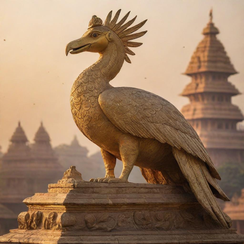 A grandly detailed figure of the mythical Jatayu bird perched near the impressive Ram Mandir, bathed in golden sunlight.