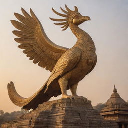 A grandly detailed figure of the mythical Jatayu bird perched near the impressive Ram Mandir, bathed in golden sunlight.