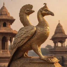 A grandly detailed figure of the mythical Jatayu bird perched near the impressive Ram Mandir, bathed in golden sunlight.